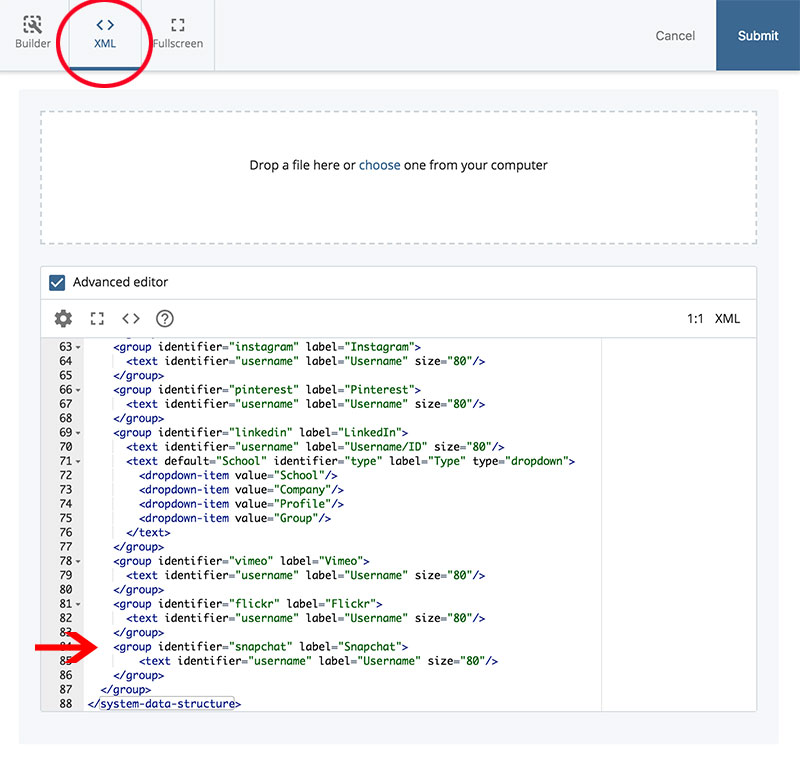 Screenshot of the Settings block data definition XML indicating placement of Snapchat code. 