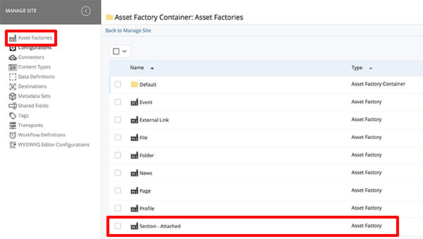 The Asset Factory menu with Section - Attached highlighted.