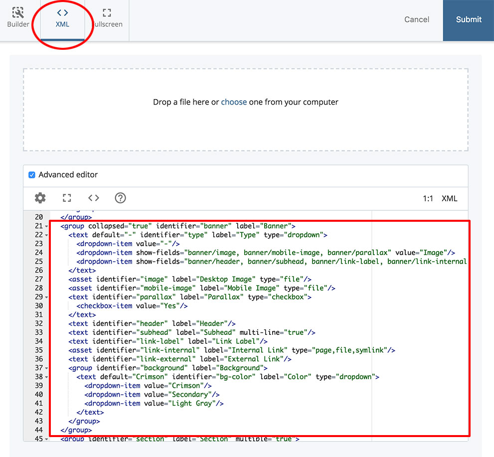 Page - Standard data definition XML with the banner XML highlighted