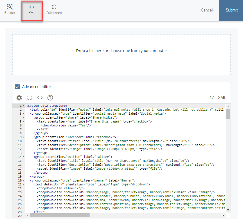 xml of data definition