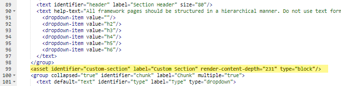 code for asset identifier for custom section