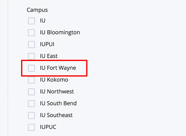Campus listing on Profile page showing addition of IU Fort Wayne