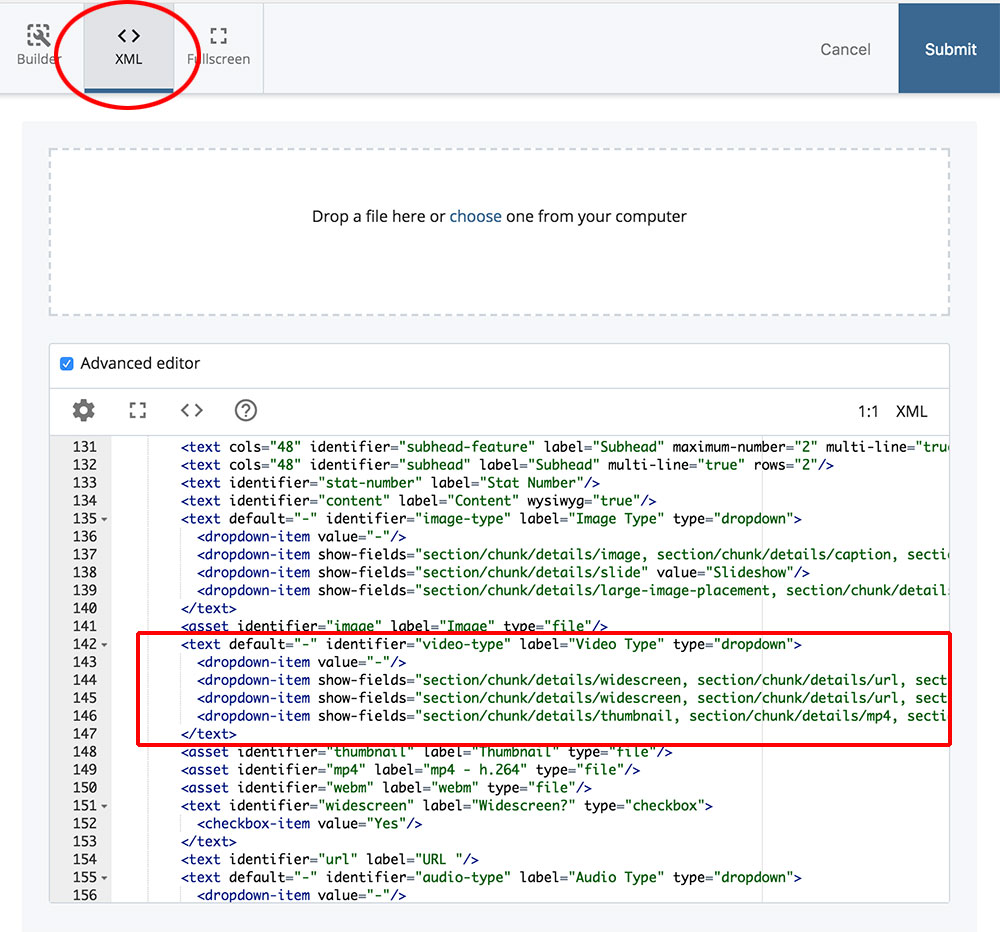 Screenshot of data definition XML with video type highlighted