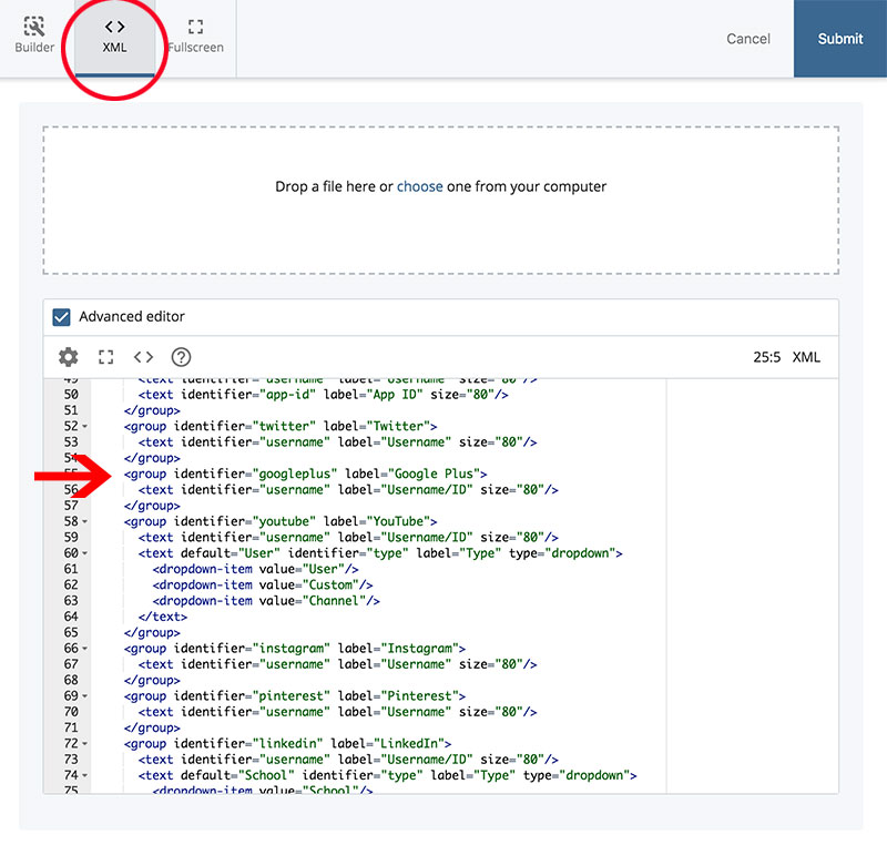 Screenshot of the Settings block data definition XML indicating placement of Google+ code. 