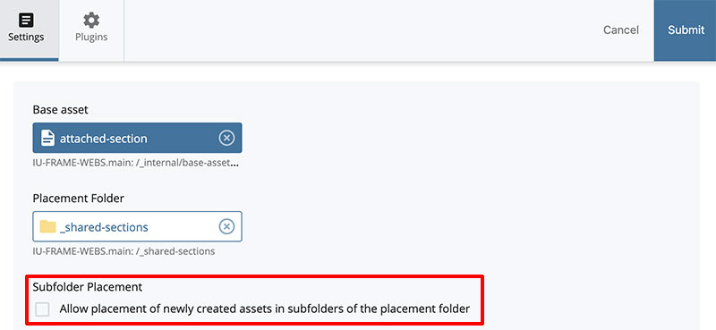 Shared Section Asset Factory highlighting the Subfolder Placement field.