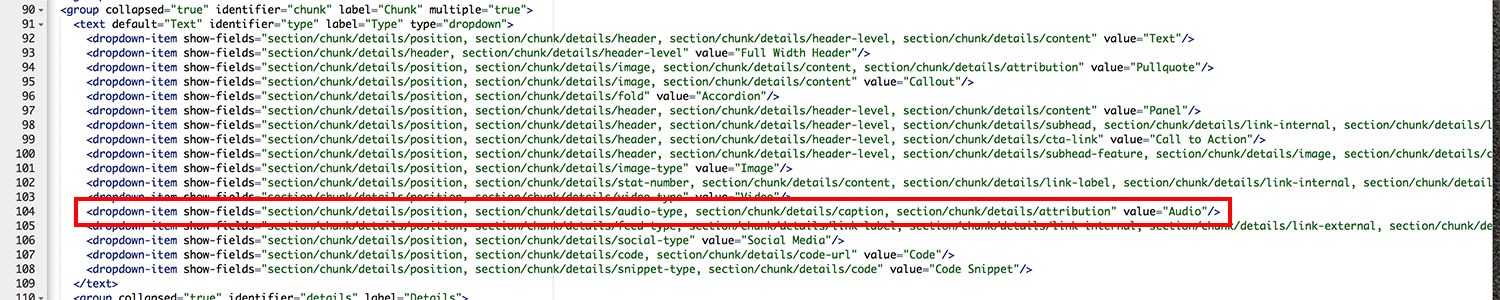 Screenshot of Page - Standard data definition highlighting Audio chunk XML.