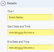 event details title, start date and end date