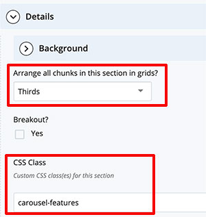 Section details with 'carousel-features' in the CSS Class field.