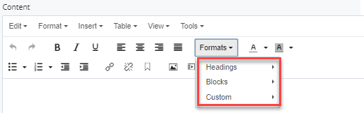 headings, blocks, and columns selections under formats menu