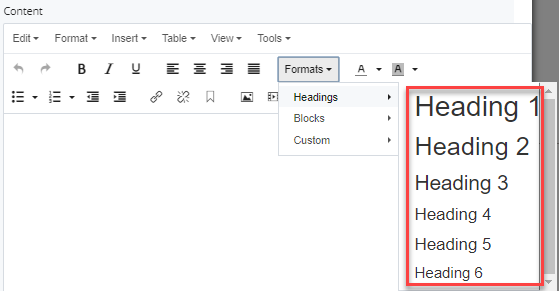 heading level selections in headings dropdown