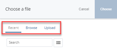 file selection: recent, browse, upload