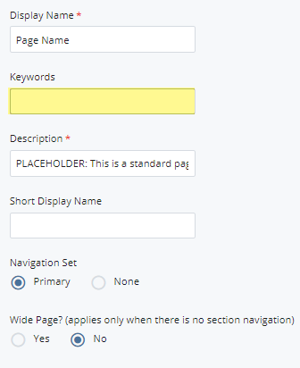 new page keywords field