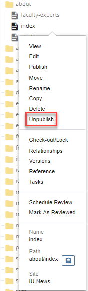 unpublish from folder tree